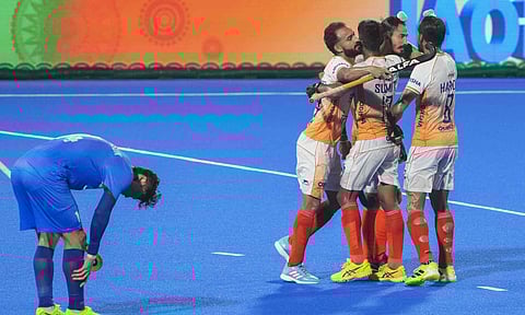 India's Dilpreet Singh, 2, celebrates with teammates after scoring a goal during a Men's Hockey Asia Cup 2025 match between India and Korea, in Rajgir, Bihar, Sunday, Sept. 7, 2025 (PTI)&nbsp;