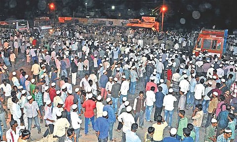 Rioters gathered on the night of June 27, 2015, on the Chennai-Bengaluru Highway at Ambur (inset) a seized van was set on fire at the Ambur police station