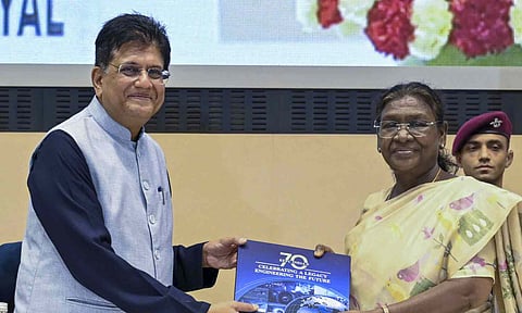 President Droupadi Murmu with Union Commerce Minister Piyush Goyal during the Platinum Jubilee celebrations of the Engineering Export Promotion Council (EEPC), in New Delhi (PTI)&nbsp;