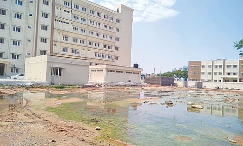 Stagnant sewage water mixed with rainwater behind six-storey facility at Tambaram