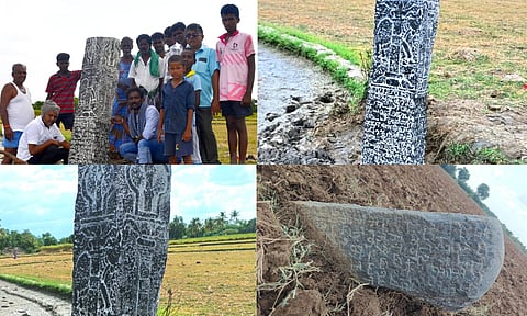 The trident stone unearthed in Pudukkottai on Wednesday