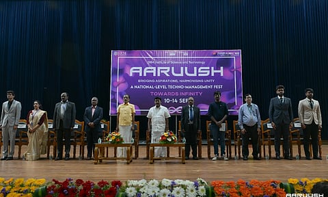 (From left to right) Aaruush Team Secretariat Harshit Sharma; Dr. Varshini Karthik, Professor, Biomedical Engineering, Aaruush, SRMIST; Dr. Leenus Jesu Martin, Dean, Faculty of Engineering and Technology, SRMIST; Dr. S. Ponnusamy, Registrar, SRMIST; Dr. Sridhar Vembu, Founder and Chief Scientist, Zoho Corporation; Dr. T. R. Paarivendhar, Founder Chancellor, SRM Group; Dr. Sivathanu Pillai A., Chair Professor, Faculty of Engineering and Technology, SRMIST; Mr. Arun Prakash, Founder and CEO, Guvi Geek Networks; Dr. Nitin M Nagarkar, Pro Vice Chancellor (MHS), SRMIST; Aaruush Team Secretariat Rohit Kumar Singh; Aaruush Team Secretariat Aditya Rai

