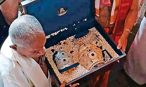 Music composer Ilaiyaraaja offering the precious crown to Goddess Mookambika at the famed temple in Kollur&nbsp;