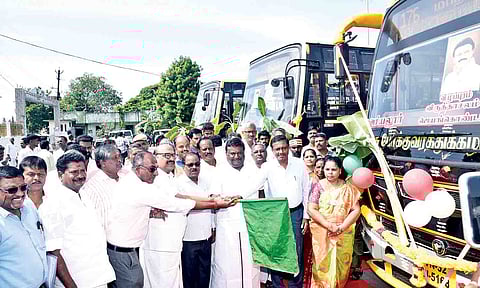 Transport Minister SS Sivasankar flagging off new buses from Ariyalur on Thursday&nbsp;