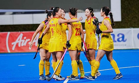 Chinese players celebrate after scoring against India&nbsp;