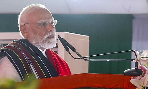 Prime Minister Narendra Modi during laying of foundation stone and inauguration of development works, in Churachandpur (PTI)&nbsp;