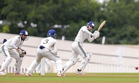 Central Zone's Yash Rathod plays a shot during the third day of the Duleep Trophy final&nbsp;