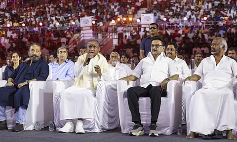 (L-R) Actor and Makkal Needhi Maiam chief Kamal Haasan, music composer Ilaiyaraaja, Chief Minister MK Stalin and actor Rajinikanth during Ilaiyaraaja's felicitation event organised by the state government, at the Jawaharlal Nehru Indoor Stadium, in Chennai (PTI)&nbsp;