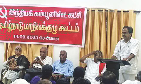 Newly elected CPI state secretary Veerapandian addressing party gathering on Saturday&nbsp;