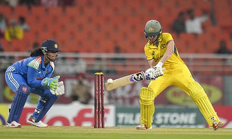 Australia's Ellyse Perry plays a shot during the first ODI cricket match between India Women and Australia Women, in New Chandigarh, Sunday, Sept. 14, 2025 (PTI)&nbsp;