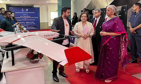 Finance Minister Nirmala Sitharaman visits the stalls set up by start-ups and interacted with entrepreneurs from the frontier tech industry at the NITI Aayog event, in New Delhi (PTI)&nbsp;