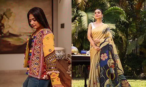 Kutcchi embroidery jacket, Soorih handpainted saree