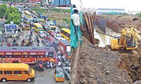 Vehicles converging at the 2-km Nookampalayam Link Road where civic works have been under way for months (Photo: Justin George)