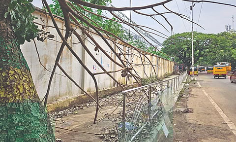 Portion of the footpath along Perambur High Road filled with tree branches and legacy waste