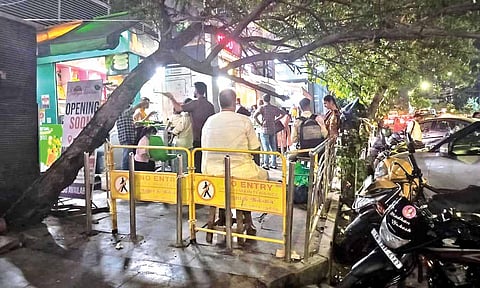 Barricades in place on the pavement near one of the exits of Tirumangalam Metro station&nbsp;