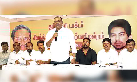One of the office-bearer of the Tamil Nadu Dr Sivanthi Aditanar Narpani Mandram (TSANM) addressing the state general body meeting held in the city on Wednesday