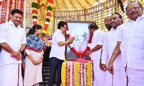 Chief Minister MK Stalin paid floral tribute to Periyar EV Ramasamy in view of his birth anniversary on Wednesday (Photo: X-@CMOTamilnadu)
