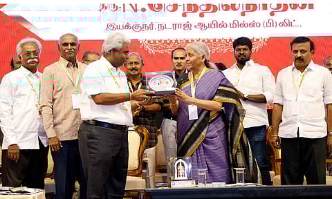 Union Finance Minister Nirmala Sitharaman during 80th anniversary celebrations of Tamil Nadu Foodgrains Merchants Association, in Madurai (PTI)