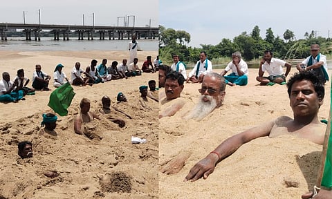Farmers 'bury' themselves in Cauvery river bed