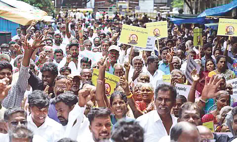 Residents from over 30 fishing villages in and around the city protesting various projects, at the Chennai Collectorate on Friday