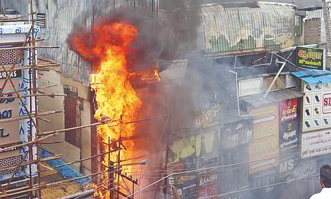 Fire engulfs textile shop on Big Bazaar Street in Coimbatore