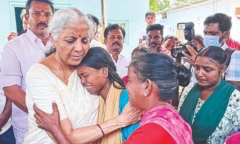 Finance Minister Nirmala Sitharaman consoles family members of stampede victims in Karur on Monday
