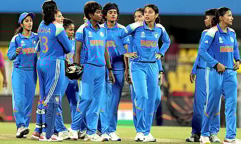 Indian players celebrate after wining in the ICC Women's Cricket World Cup 2025 match between India and Sri Lanka, at ACA Stadium, Barsapara, in Guwahati, Tuesday, Sept. 30, 2025 (PTI)&nbsp;