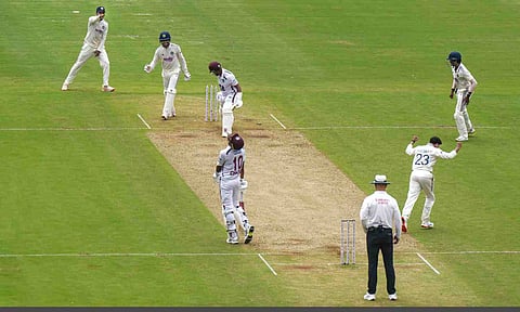 India's Kuldeep Yadav with teammates celebrates the wicket of West Indies's Shai Hope during the first day of the test match between India and West Indies, in Ahmedabad, Thursday, Oct. 2, 2025 (PTI)&nbsp;