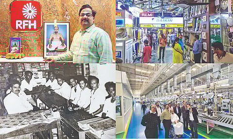 MD of Rathna Fan House, Vijay Krishnamurthy, with the picture of his father, KS Krishnamurthy; Inside Rathna Fan House in T Nagar; A picture of the store captured in 1978, (right) While visiting a brand’s factory before signing a deal