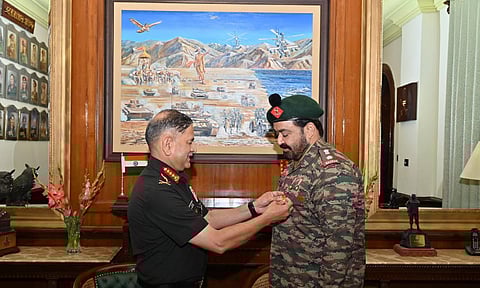 Chief of Army Staff General Upendra Dwivedi today felicitated Lt Col (Hony) Mohanlal (Photo: X/ANI)