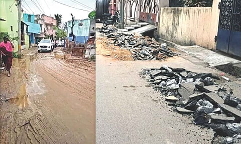 Newly laid road cracked open in Perungalathur turning it muddy and slushy after the recent rainfall&nbsp;