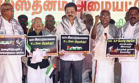 Tamil Nadu Chief Minister MK Stalin during CPI(M)'s protest, urging the Union government to take steps to stop war in Gaza, in Chennai, Wednesday, Oct. 8, 2025 (PTI)&nbsp;