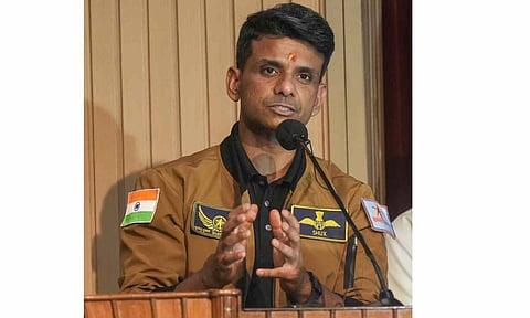 Group Captain Shubhanshu Shukla addresses the media at his alma mater, City Montessori School (CMS), in Lucknow, Monday, Aug. 25, 2025 (PTI)&nbsp;