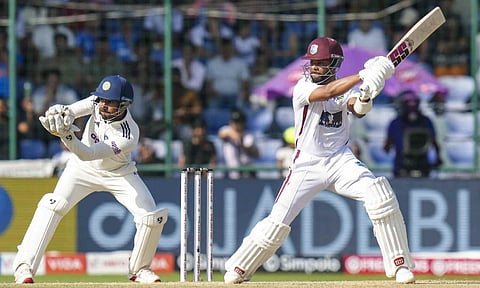 West Indies' Shai Hope plays a shot on day three of the second and final Test cricket match of a series between India and West Indies, in New Delhi, Sunday, Oct. 12, 2025 (PTI)&nbsp;