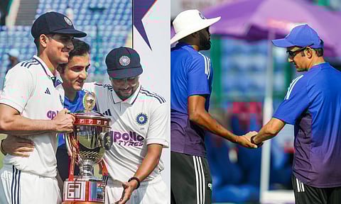 India's Shubman Gill, Yashasvi Jaiswal and head coach Gautam Gambhir celebrate with the trophy after winning the cricket Test series against West Indies at Arun Jaitley Stadium (PTI)