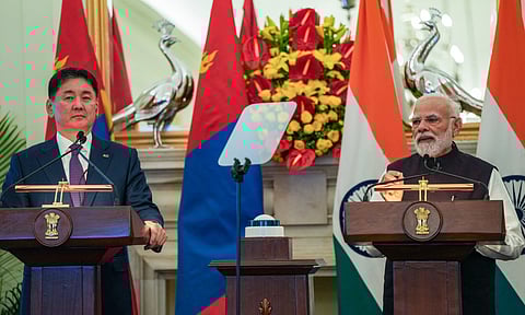 Prime Minister Narendra Modi with Mongolian President Khurelsukh Ukhnaa during a joint press statement at Hyderabad House in New Delhi (PTI)
