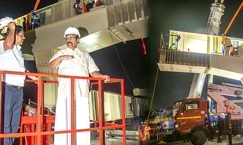 EV Velu inspects night-time steel girder installation for Teynampet–Saidapet flyover project