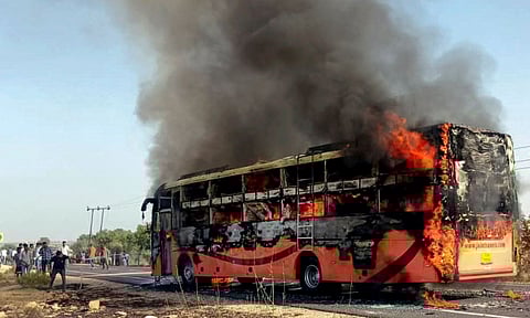 &nbsp;A jammed door in the AC sleeper bus that caught fire near Jaisalmer (PTI)&nbsp;