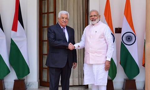 File image of Palestinian President Mahmoud Abbas, and Indian PM Narendra Modi (PTI)&nbsp;