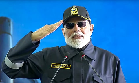 In this screenshot from a video released on Oct. 20, 2025, Prime Minister Narendra Modi addresses the Indian Navy personnel during Diwali celebration aboard INS Vikrant. (PTI)