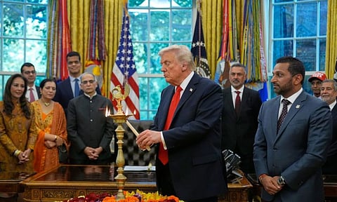President Donald Trump participates in a Diwali celebration in the Oval Office at the White House, Tuesday, Oct. 21, 2025, in Washington (AP/PTI)