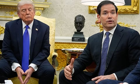 President Donald Trump listens as Secretary of State Marco Rubio speaks during a meeting with NATO Secretary General Mark Rutte in the Oval Office of the White House, in Washington. (Photo: AP)