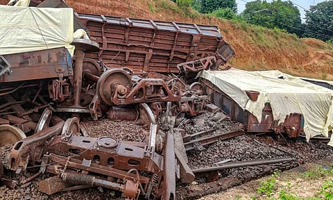 A view of the site where a goods train derailed near Kanaroan station, in Simdega district, Jharkhand, Wednesday, Oct. 29, 2025 (PTI)&nbsp;