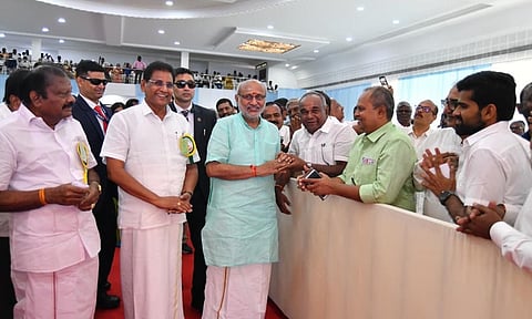 Vice President CP Radhakrishnan being greeted during a felicitation function

at his hometown in Tirupur on Wednesday