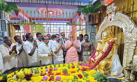 Vice President C P Radhakrishnan pays tribute to freedom fighter Muthuramalinga Thevar on his 63rd guru pooja and 118th jayanthi, in Ramanathapuram district (PTI)
