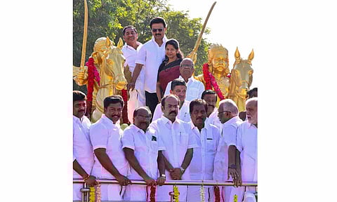 Tamil Nadu Chief Minister MK Stalin with DMK MP Kanimozhi Karunanidhi and other party leaders poses for pictures after garlanding the statues of Mahamangarh Marudhu Pandyas, in Madurai, Tamil Nadu, Thursday, Oct. 30, 2025 (PTI)&nbsp;