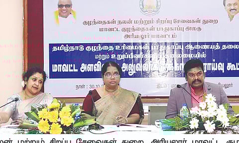 Pudukkottai Vijaya, chairperson of TN Commission for Protection of Child Rights, chairing a meeting in Ariyalur