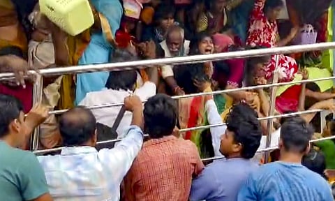Srikakulam: People gather at Venkateswara temple, at Kasibugga in Srikakulam district, Andhra Pradesh, Saturday, Nov. 1, 2025. At least seven people were killed and two others suffered injuries after a stampede occurred at the temple. (Photo: PTI)