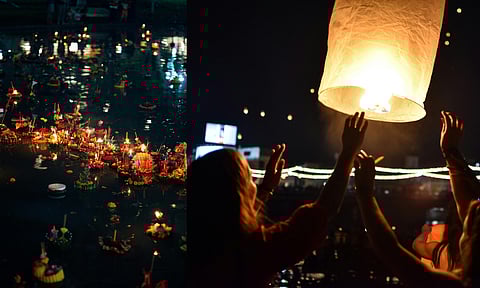Krathongs being offered to the water goddess in Bangkok &amp; paper lanterns being released into the sky at Chiang Mai, Thailand. (Pexels)&nbsp;