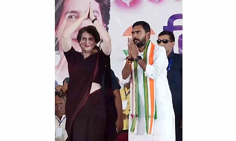 Congress MP Priyanka Gandhi Vadra during a public meeting ahead of Bihar Assembly elections, in Begusarai district, Saturday, Nov. 1, 2025 (PTI)&nbsp;